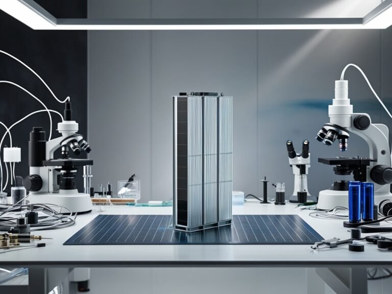 An advanced solid state battery sits on the laboratory bench of a renewable energy company.