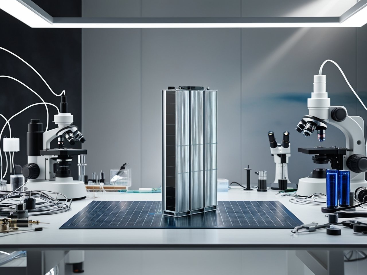 An advanced solid state battery sits on the laboratory bench of a renewable energy company.