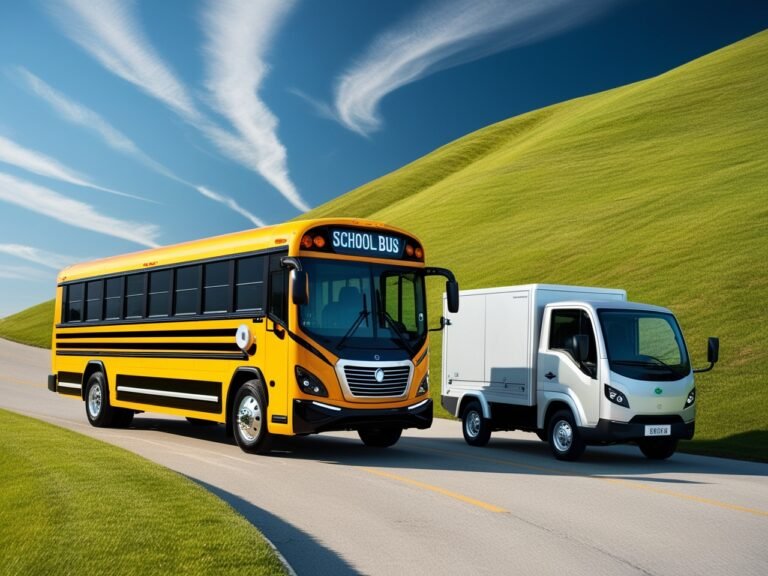 Electric School bus and Electric Commercial van driving on a road