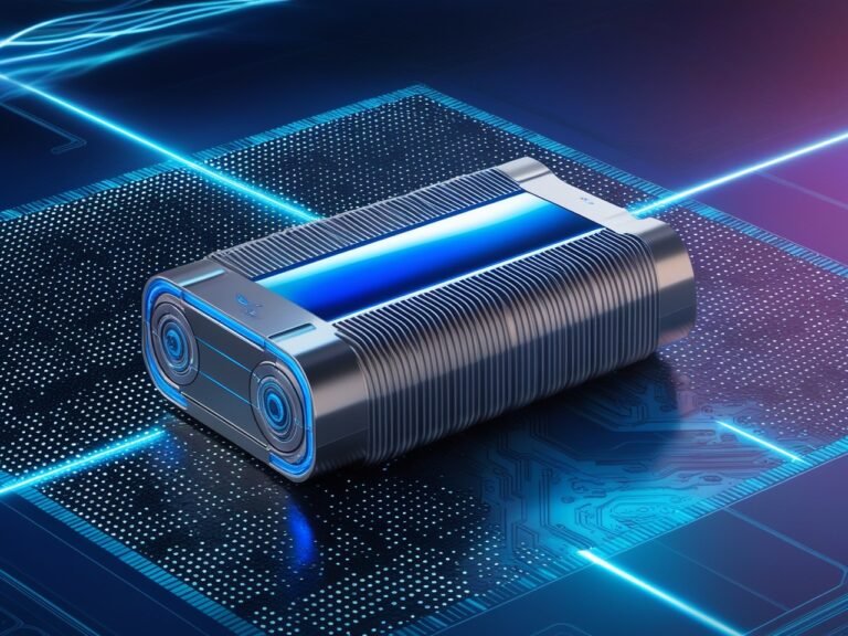 An illustration of a futuristic looking solid state battery.