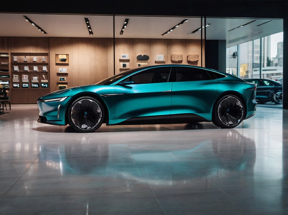 An Electric car sits inside a smartphone store