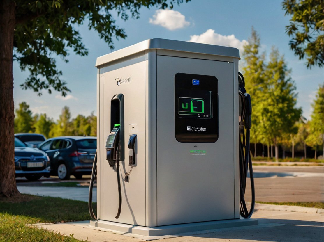 Rendering of a EV charging station with a built in battery
