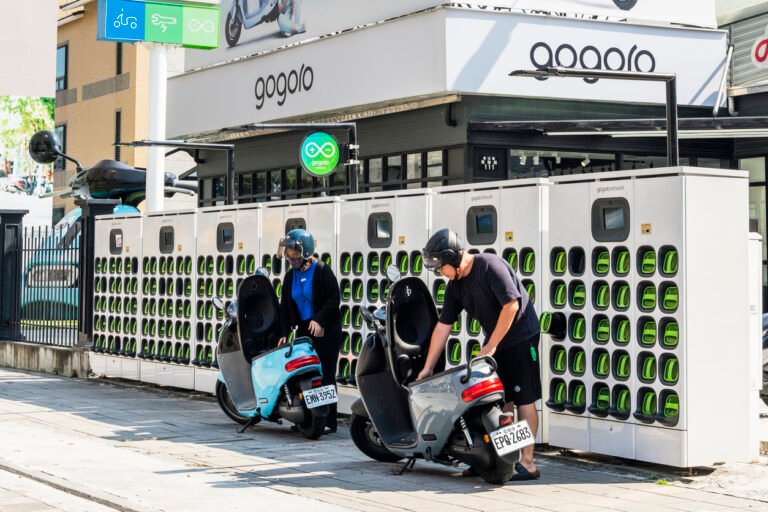 Battery Swapping station in Taiwan. Scooters swapping batteries.